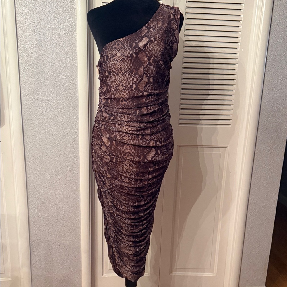 New York & Company Brown Snake-Print One-Shoulder Ruched Midi Dress - Picture 1 of 6